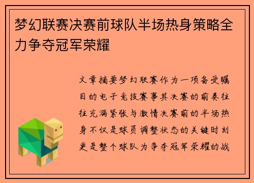 梦幻联赛决赛前球队半场热身策略全力争夺冠军荣耀