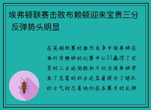 埃弗顿联赛击败布赖顿迎来宝贵三分 反弹势头明显