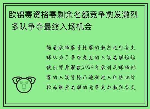 欧锦赛资格赛剩余名额竞争愈发激烈 多队争夺最终入场机会