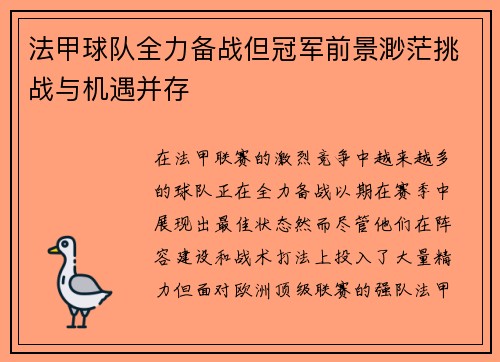 法甲球队全力备战但冠军前景渺茫挑战与机遇并存