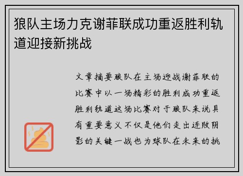 狼队主场力克谢菲联成功重返胜利轨道迎接新挑战