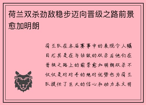 荷兰双杀劲敌稳步迈向晋级之路前景愈加明朗