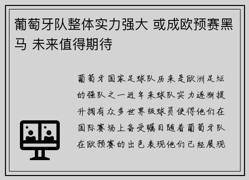 葡萄牙队整体实力强大 或成欧预赛黑马 未来值得期待