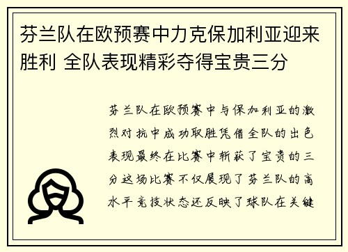 芬兰队在欧预赛中力克保加利亚迎来胜利 全队表现精彩夺得宝贵三分