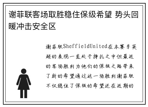 谢菲联客场取胜稳住保级希望 势头回暖冲击安全区
